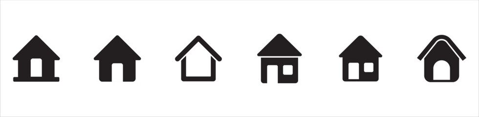 Home page icon set. Main menu page symbol. Website home button. Home and house button collection for website and apps. Flat solid design. Vector stock illustration.