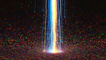 Vibrating Light Cascade Abstract visual of light energy breaking down into colorful static, creating a dynamic, energetic, and chaotic texture