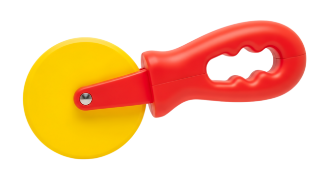 Red and yellow plastic pizza cutter toy on black background kitchen utensil
