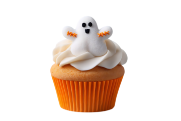 A cute Halloween ghost cupcake with white frosting and an orange paper liner, isolated on a white background.