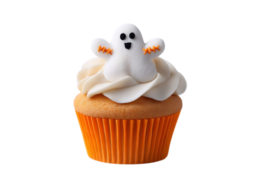 A cute Halloween ghost cupcake with white frosting and an orange paper liner, isolated on a white background.