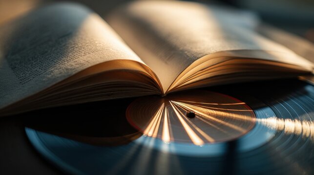 Vintage vinyl record and open book in warm sunlight - nostalgic and artistic concept - Powered by Adobe