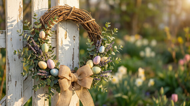 beautiful easter wreath with eggs and bow on rustic fence in spring garden at sunset