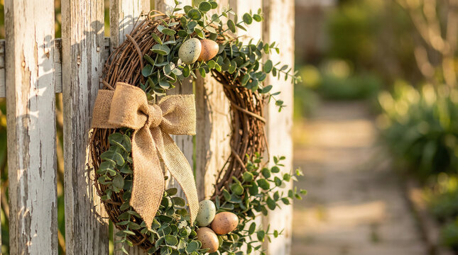 rustic easter wreath with eggs and bow on wooden fence in spring sunlight