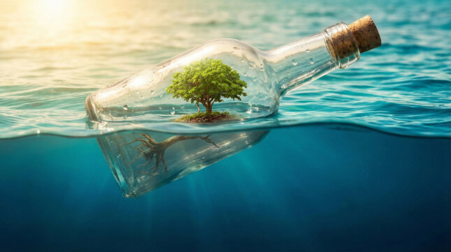 tiny tree in a glass bottle floating on ocean water at sunset symbolizing environmental conservation