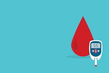 Glucometer and blood drop. Diabetic Glucose measuring device with border indication sugar level. Vector high glucose diabetes risk 