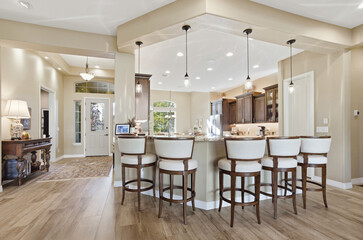 Modern Kitchen Design, Stylish Culinary Space Featuring Marble Surfaces And Warm Wood Floors