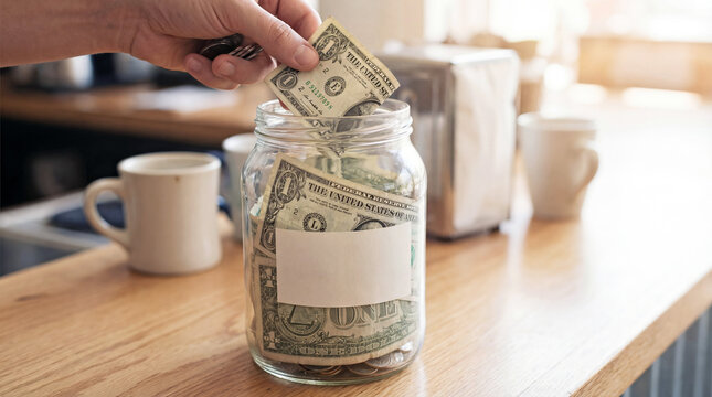 Hand putting dollar bill into glass tip jar on wooden table