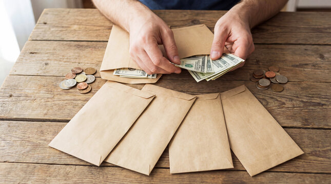 Person counting US dollar bills with coins and multiple paper envelopes on wooden table