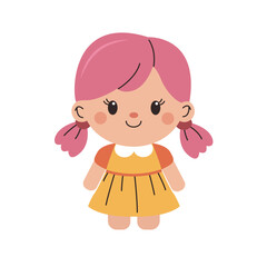 Vector children's toy - doll with pink hair ponytails in a yellow dress. Simple style, cute girl character. Great for children's designs, stickers, cards.