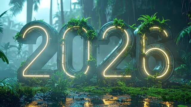 Vibrant neon '2026' numerals glowing amidst a lush tropical jungle, symbolizing a hopeful future where technology and nature coexist harmoniously, reflecting environmental growth and innovation