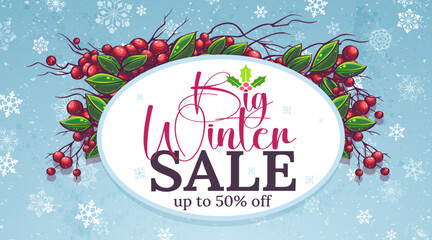 Winter Sale Banner with Berries and Snowflakes