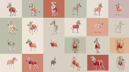 Charming illustration of donkeys wearing cozy sweaters in a pastel color block pattern. Playful animal artwork perfect for children themes, textiles, wallpaper, and cute design projects.
