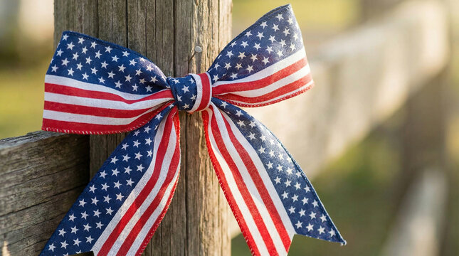 american flag bow on rustic wooden fence representing patriotism and national pride