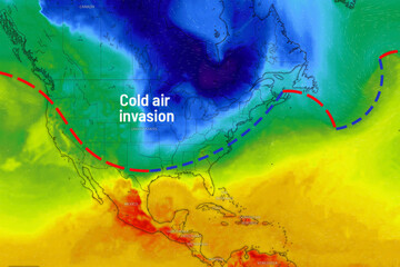 Record low temperature map invasion diagram, against the backdrop of the continent of North...