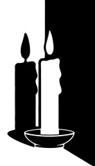 Black and white illustration of a flaming wax candle casting a shadow on a white isolated background. Vector graphics. EPS.