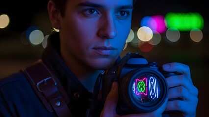 Cinematic portrait of a photographer at night, neon lights reflection in the lens