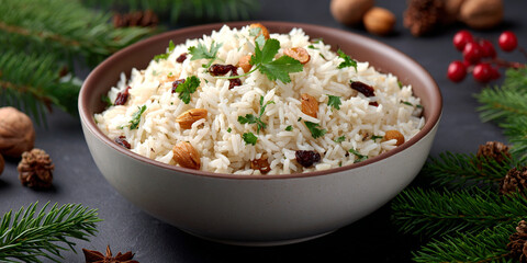 Arroz a grega in dish on the table with christmas decorations