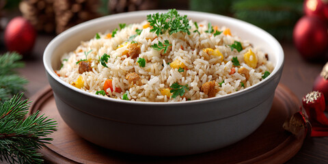 Arroz a grega in dish on the table with christmas decorations
