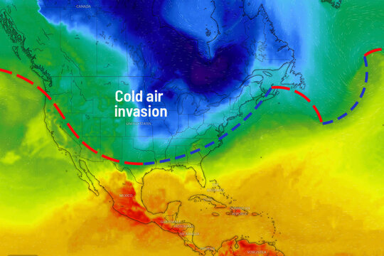 Record low temperature map invasion diagram, against the backdrop of the continent of North America. Frosty cold weather concept