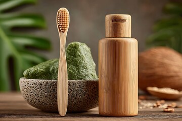 Herbal toothpaste in bamboo tube with toothbrush high resolution picture