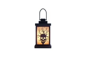 Black lantern with a skull and tree design, perfect for Halloween decorations.