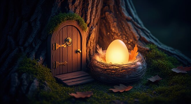glowing egg in magical forest setting by tree door with autumn leaves and moss