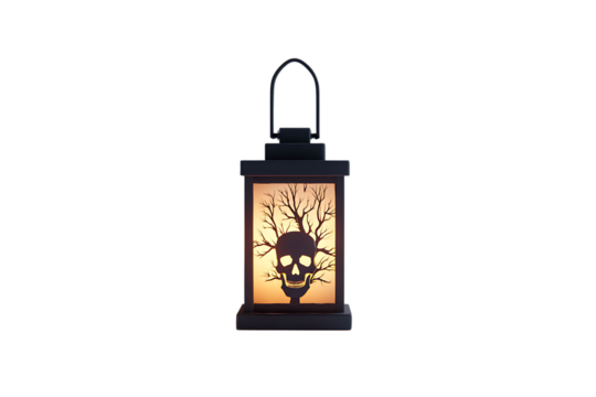 Black lantern with a skull and tree design, perfect for Halloween decorations.