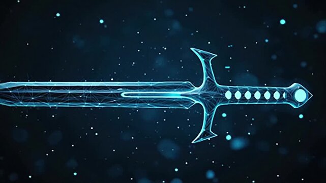 A glowing blue wireframe shape, resembling a spaceship or missile, travels in the dark void. Digital particles shimmer, suggesting advanced technology and cosmic journey.