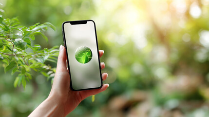 Hand holding a smartphone displaying a green plant icon. Symbolizing nature connection. Environmental care. Digital sustainability