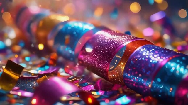 Confetti Celebration: A vibrant explosion of colors and textures fills the frame, confetti swirls around a central roll of festive decorations, a true celebration.