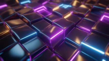 Illuminated Cubes: A mesmerizing display of interconnected cubes glows with vibrant, neon hues, creating an atmosphere of futuristic technology and intricate design. - Powered by Adobe