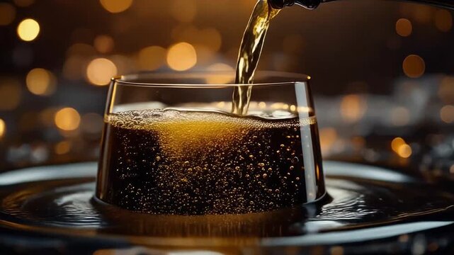 Effervescent Pour: A close-up captures the moment a dark, fizzy liquid is poured into a pristine glass, showcasing the dance of bubbles and the rich color with elegant simplicity.