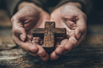 Fototapeta premium Hands gently cupping wooden cross. Symbol of faith devotion reverence. Concept of spirituality prayer hope peace, christianity. Religion, belief, worship, spirituality, gratitude, reflection