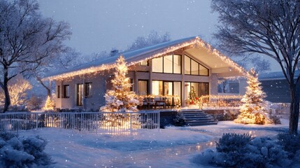 Contemporary Snowy Christmas Home: A-Frame House with Large Glass Windows Decorated with Warm Golden String Lights and Illuminated Pine Trees in a Peaceful Winter Landscape at Dusk
