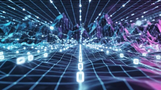Abstract digital landscape animation futuristic data visualization in blue and pink