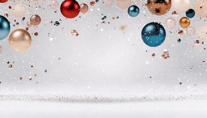 Festive Christmas ornaments in various colors floating against a white backdrop with glitter, creating a celebratory and elegant atmosphere.
