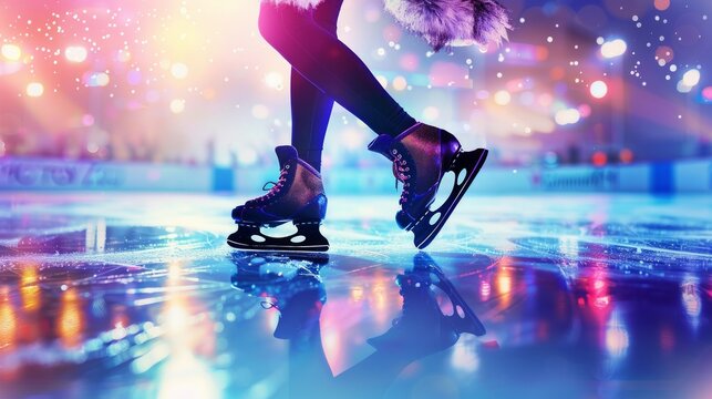 Ice skater performs vibrant figure skating show under neon lights, with energetic and dynamic performances at night