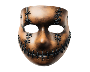 A close-up shot of a brown mask with stitched details and eye holes.