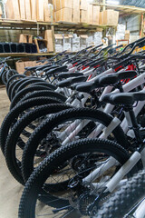 New bicycles production line in a warehouse ready for retail