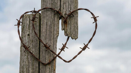 rustic barbed wire heart on weathered wooden fence against cloudy sky backdrop