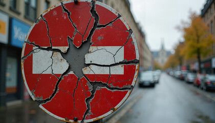 Cracked no entry sign on urban street
