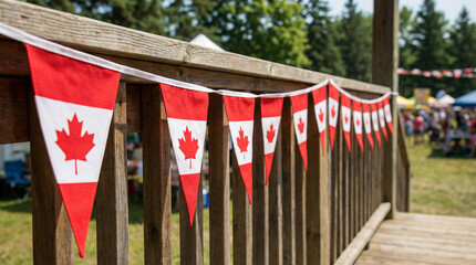canadian flag banners decorating wooden railing in outdoor celebration on sunny day