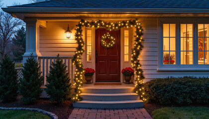 Festively decorated front porch with warm lights
