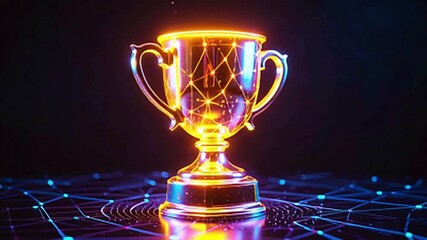 Futuristic holographic trophy with glowing digital network connections, symbolizing success and achievement in technology, on a dark background. - Powered by Adobe