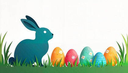 Easter bunny next to colorful eggs in grass
