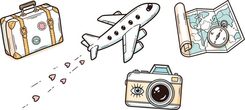 Cute travel doodles, airplane, suitcase, map, compass, and camera, sketch icon set