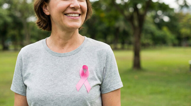 smiling woman wearing pink ribbon raising breast cancer awareness in green park - Powered by Adobe