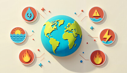 Illustrative globe with environmental icons and symbols
