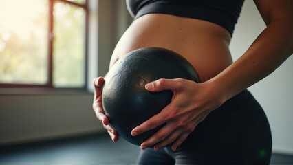 Pregnant woman's hands holding a medicine ball in a fitness studio, focus and core strength. close-up
